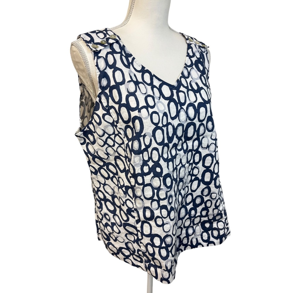 HABITAT Linen Cotton Tank Top Sz L Blue White Print Lagenlook Coastal - Picture 9 of 13